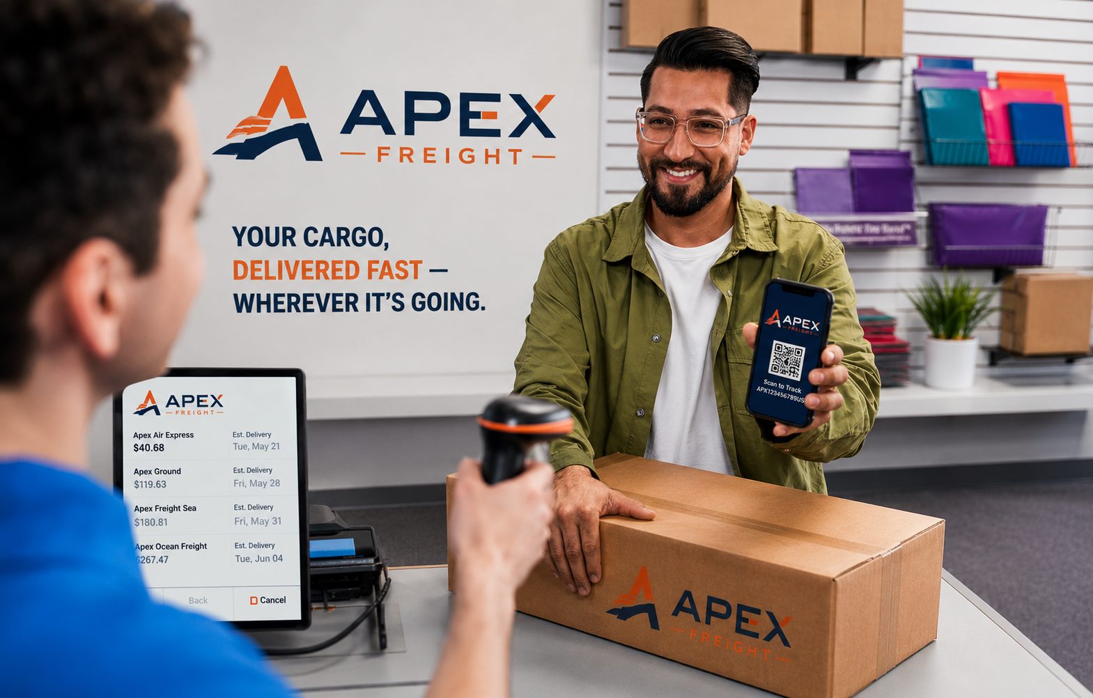 Apex Freight counter with shipment scanning and tracking on screen