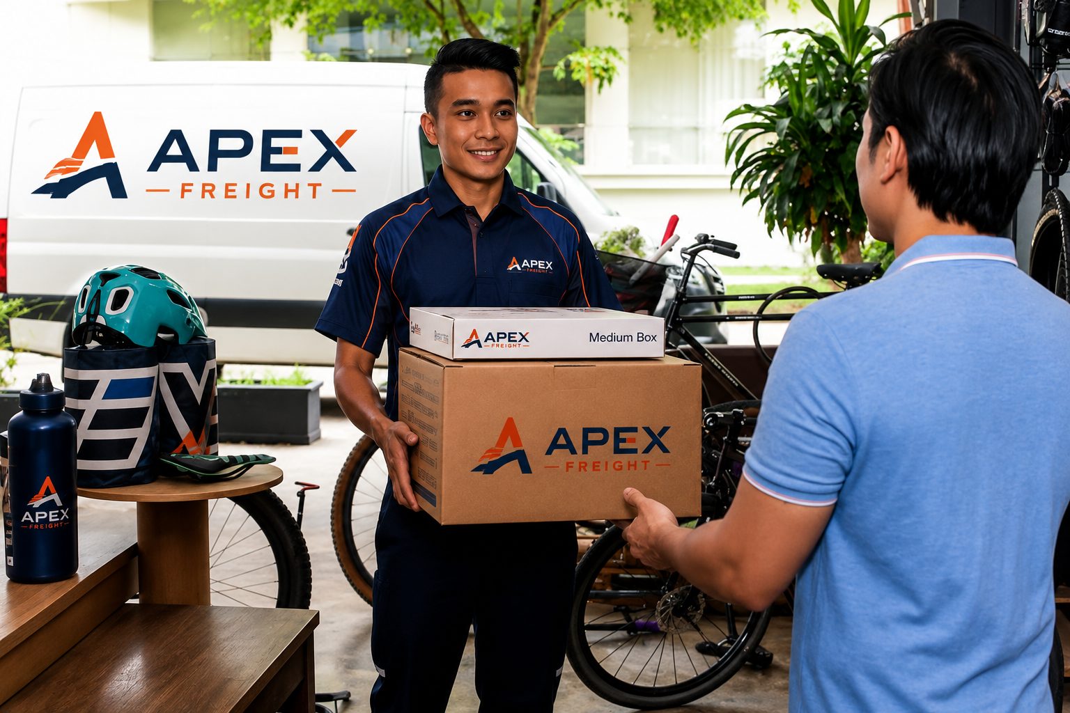 Apex Freight courier handing a package to a customer at their door