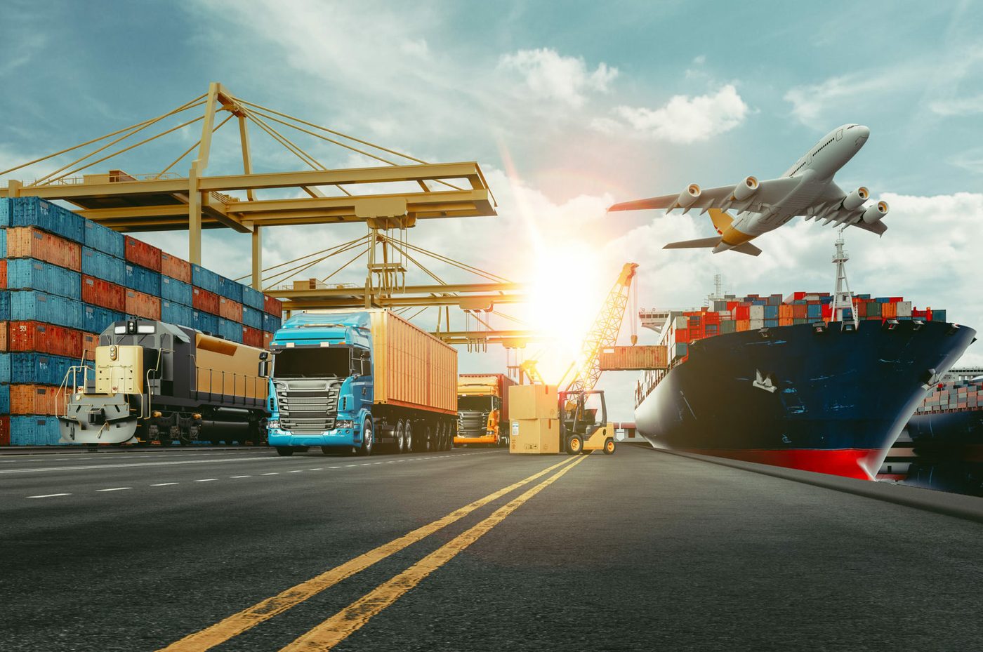 Port with cranes and a cargo ship