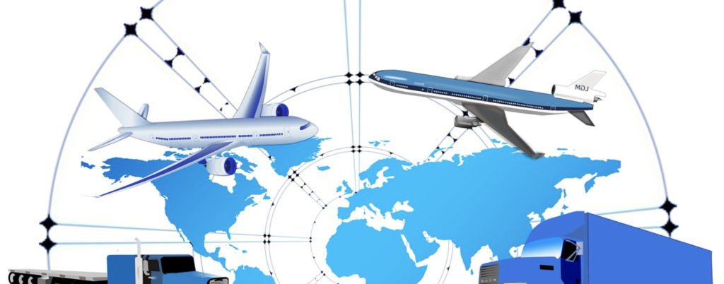 Illustration of air, ground, and ocean freight routes connecting across a world map