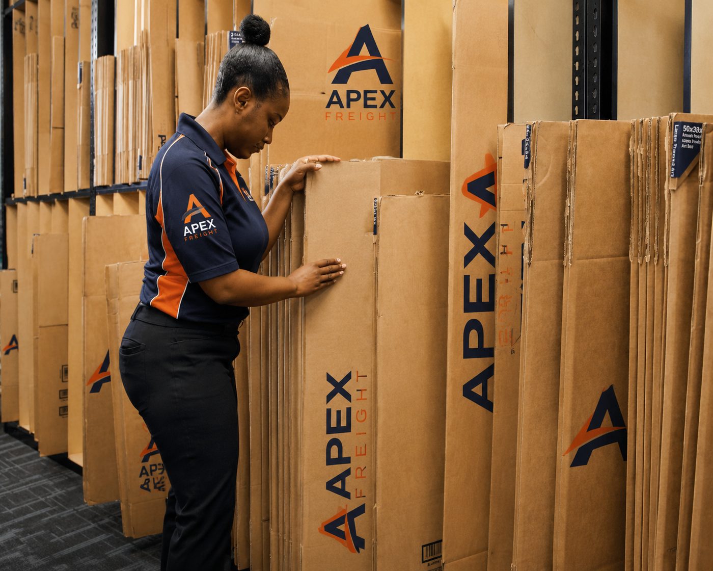Apex Freight team member organizing packages in the warehouse